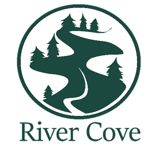 A green circle with trees and the words river cove in it.